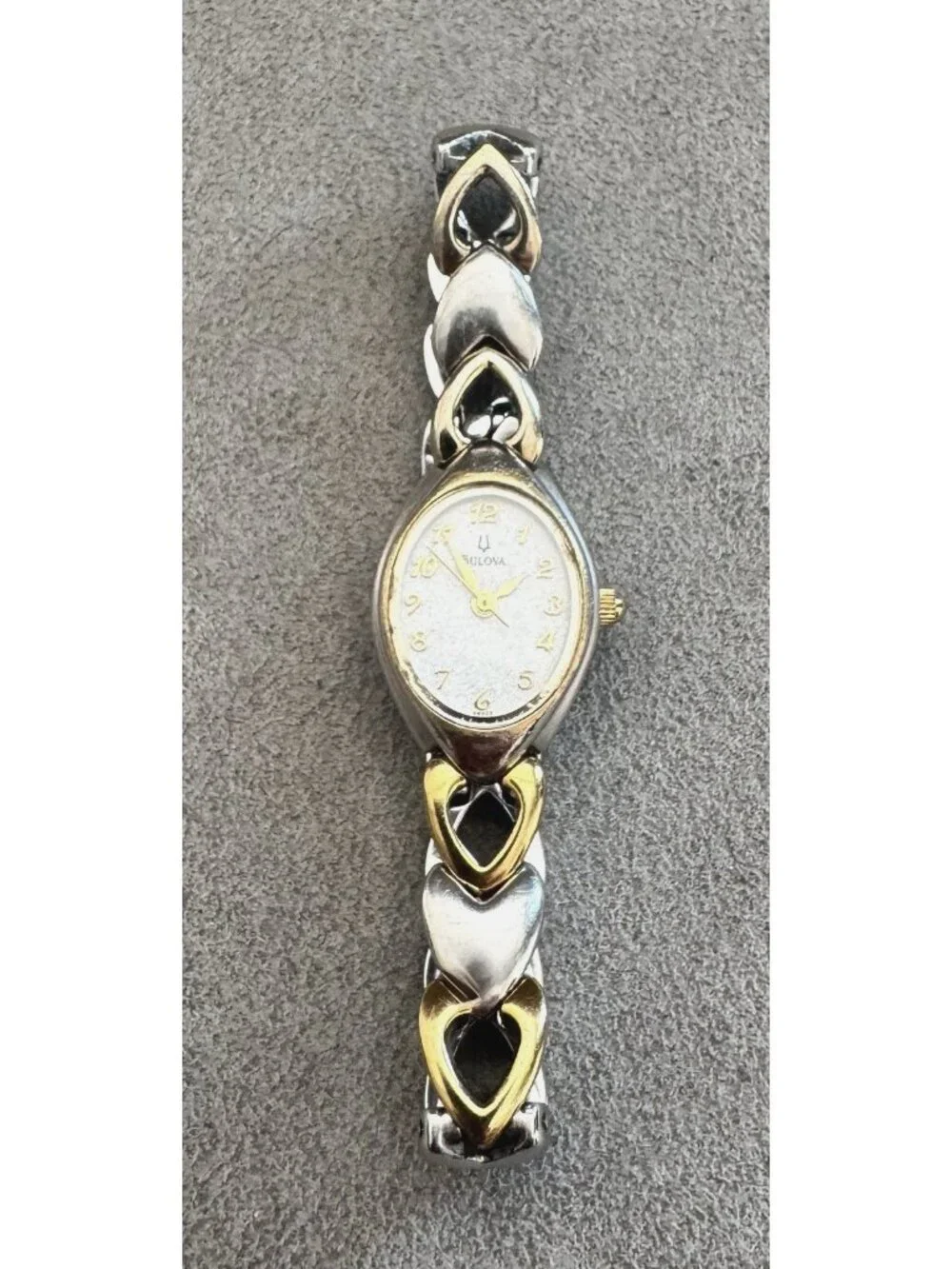 BULOVA Ladies' 2-Tone HEART LINK BRACELET WATCH White Dial -Working +New Battery